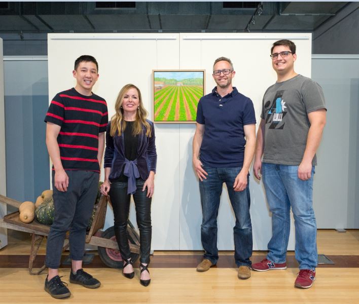 Sue Helmot with chefs Brendan Pang, Nathan Thomas and Lucas Fernandes at the opening night of Sue's solo exhibition From The Source A Landscape of Food at the Carnarvon Regional Gallery in Western Australia