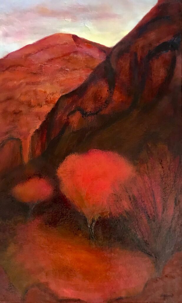 First Light's Embrace, oil on canvas, an original painting of Kennedy Range in the outback in Western Australia Sue Helmot Artist