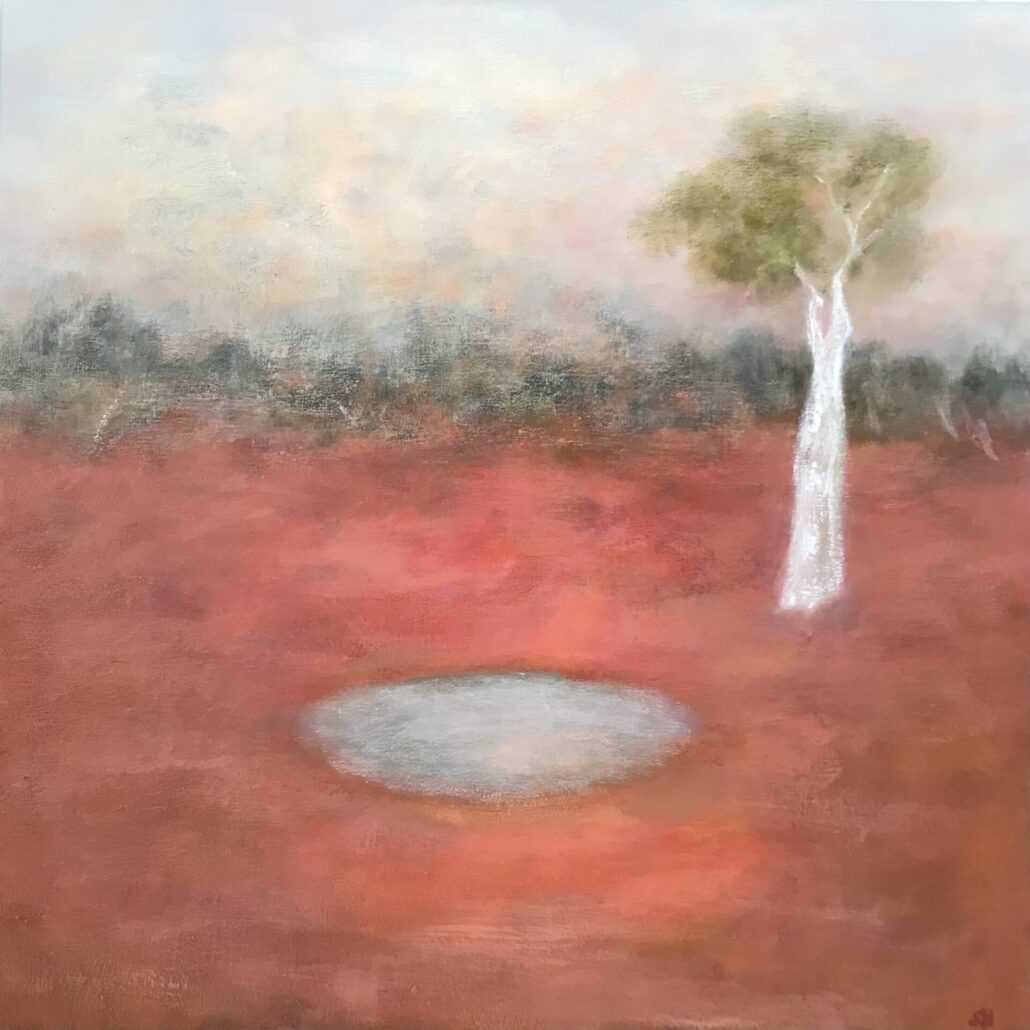 Morning Whispers at the Waterhole oil on canvas 60 x 60cm Sue Helmot